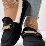 Rhinestone Chain Decor Thermal Lined Faux Shearling Trim Casual Flat Slip-On Loafers without Anklet Bracelet