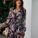V-neck Long-sleeved Chiffon Print Dress
