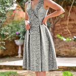 V-Neck Sleeveless Double Breasted Decor A Line Party Dress Causal Ziper Back Peplum Hem Commuting Dress