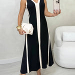 Colorblock Spliced Deep V-Neck Sleeveless Slit Front Dress Casual Loose Fit A Line Dress