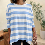 Women's Striped T Shirt Long Sleeve Drop Shoulder Crewneck Tee Side Slit Casual Loose Fit Top