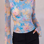 Women's Floral Watercolor Print Boat Neck Ruched Sheer Mesh Flare Sleeve Top