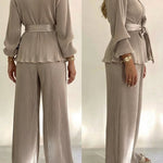 2 Pieces Outfit Overlap V-Neck Lantern Sleeve Tie Waist Ruffle Hem Top and Elastic Waist Wide Leg Pants Set Vintage Frill Hem Satin Pleated Commuting Set