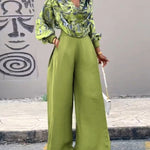 2 Pieces Outfit Abstract Print Cowl Neck Lantern Sleeve Stretchy Hem Crop Top and Casual Zipper Side Ruched Wide Leg Pants Set