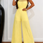 Women's Halter Tie Cutout Pleated Jumpsuit High Waist Shirred Wide Leg Overalls