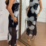 Women's Floral Print Mesh Mermaid Dress Backless Side Slit Bodycon Maxi Dress Elegant Wedding Guest Party Gown
