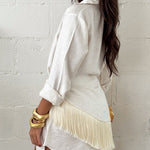 Women's 2 Piece Outfits Fringe Wrap Shirt Set Long Sleeve Button Down Blouse and Tied Tassel Panel Matching Set