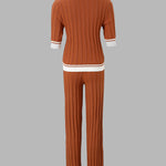Women's Contrast Binding Two Piece Knit Set Short Sleeve Top and Drawstring Straight Leg Pants Casual Loungewear