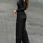Women's Glitter Two Piece Outfit Skew Neck Long Sleeve Top and High Waist Wide Leg Pants Set