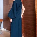 2 Pieces Outfit Skew Neck Asymmetrical Lantern Sleeve Side Slit Top and Casual Button & Zipper Side Pleated Wide Leg Pants Set