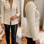 Women's Elegant Argyle Textured Blazer Slim Fit Puff Sleeve Suit Jacket Gold Button Work Office Commuter Blazer with Pockets