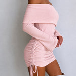 Women's Foldover Off Shoulder Long Sleeve Ruched Mini Dress Drawstring Bodycon Dress
