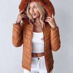 Zipper Pocket Design Shirred Fuzzy Trim Fleece Lined Hooded Puffer Jacket