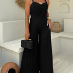 Women's Pleated Wide Leg Jumpsuit Spaghetti Strap High Waisted Shirred Backless Flared Overalls