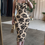 Women's Vintage Flocking Rose Midi Dress Square Neck Sleeveless Bodycon Dress Elegant Club Party Gown