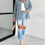 Women's Two-Way Reversible Corduroy Plaid Shacket Button Down Long Sleeve Shirt Jacket