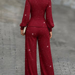 Women's 2 Piece Glitter Set Deep V Neck Lantern Sleeve Ruched Top and Wide Leg Pants with Pockets