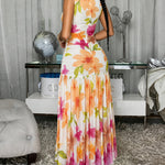 Women's Watercolor Floral Mesh Ruched Maxi Dress Sleeveless Flowy Vacation Dress