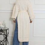 Cable Textured High Neck Lantern Sleeve Bow Tie Waist Sweater Casual High Slit Knit Longline Top