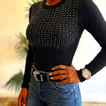 Women's Crewneck Rhinestone Ribbed Knit Top Slim Fit Long Sleeve Top