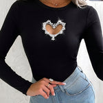 Women's Rhinestone Heart Hollow-out Long Sleeve Ribbed Knit Fitted Top