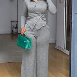 Women's Two Piece Outfit Turn-down Collar Criss Cross Asymmetric Top and Wide Leg Pant Set