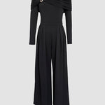Metal Ring Decor Off Shoulder Ruched High Waist Jumpsuit Casual Cinched Waist Wide Leg Jumpsuit