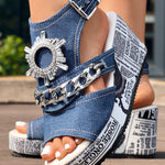 Newspaper Rhinestone Gear Pattern Slingback Platform Wedge Sandals
