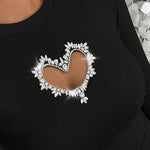 Women's Rhinestone Heart Hollow-out Long Sleeve Ribbed Knit Fitted Top