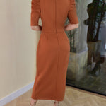 3D Flower Decor Round Neck Puff Sleeve Bodycon Dress Casual Ruched Slit Zipper Back Work Dress