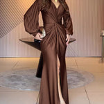 Women's Deep V Neck Twist Front Maxi Evening Gown Elegant Long Sleeve Slit Mermaid Hem Dress