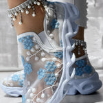 Floral Pattern Sheer Mesh Patch Round Toe Sneakers