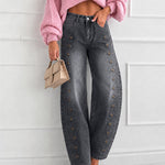 Women's Barrel Jeans High Waisted Side Button Denim Pants Distressed Washed Baggy Trousers Retro Y2K Streetwear