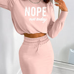 2 Pieces Outfit NOPE. not today Slogan Print Long Sleeve Stretchy Hem Crop Top and High Waist Drawstring Elastic Waist Slit Casual Skirt Set