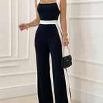 Women's Colorblock Jumpsuit Elegant Square Neck Sleeveless Wide Leg Overalls High Waisted Work Outfits with Pockets