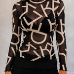Women's Sheer Mesh Letter Print Mock Neck Frill Trim Long Sleeve Top