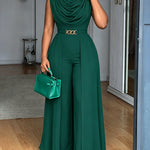 Women's Cowl Neck Wide Leg Jumpsuit High Waist Sleeveless Chiffon Overlay Spliced Evening Overalls with Belt