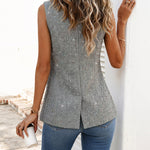 Women's Sparkly Tweed Vest Button Down Sleeveless Slit Hem Top