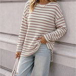 Women's Striped Textured Knit Long Sleeve T-Shirt Casual Side Slit Loose Fit Top