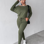 2 Pieces Outfit Long Sleeve Skew Neck Pullover Top and Drawstring Elastic Waist Slim Fit Pants Set