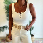 U-Neck Sleeveless Half Button Front Tank Slim Fit Backless Knit Waffle Tank Top