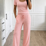Women's 2 Piece Striped Pajama Set Short Sleeve Square Neck Crop Top and Wide Leg Pants Casual Loungewear