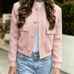 Women's Vintage Argyle Cable Knit Bomber Jacket Elegant Baseball Collar Button Down Cropped Coat with Flap Pockets