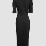 3D Flower Decor Round Neck Puff Sleeve Bodycon Dress Casual Ruched Slit Zipper Back Work Dress