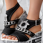 Newspaper Rhinestone Gear Pattern Slingback Platform Wedge Sandals