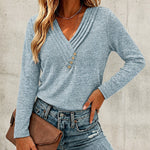 Women's Pleated V Neck T-Shirt Long Sleeve Button Decor Tee Casual Layering Top