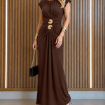 Women's Boat Neck Ruched Maxi Dress Gold Buckle Cap Sleeve Formal Evening Gown