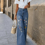Women's High Waisted Floral Embroidered Wide Leg Jeans Washed Denim Pants