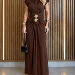 Women's Boat Neck Ruched Maxi Dress Gold Buckle Cap Sleeve Formal Evening Gown