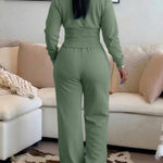 2 Pieces Outfit O-neck Long Sleeve Cinched Waist Sweatshirt and Elastic Waist Wide Leg Pants Set Casual Seam Design Sweatpants Set